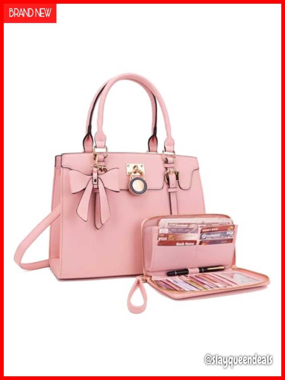 Vegan Leather Satchel Tote Handbag with Matching Wallet Set RFID Blocking